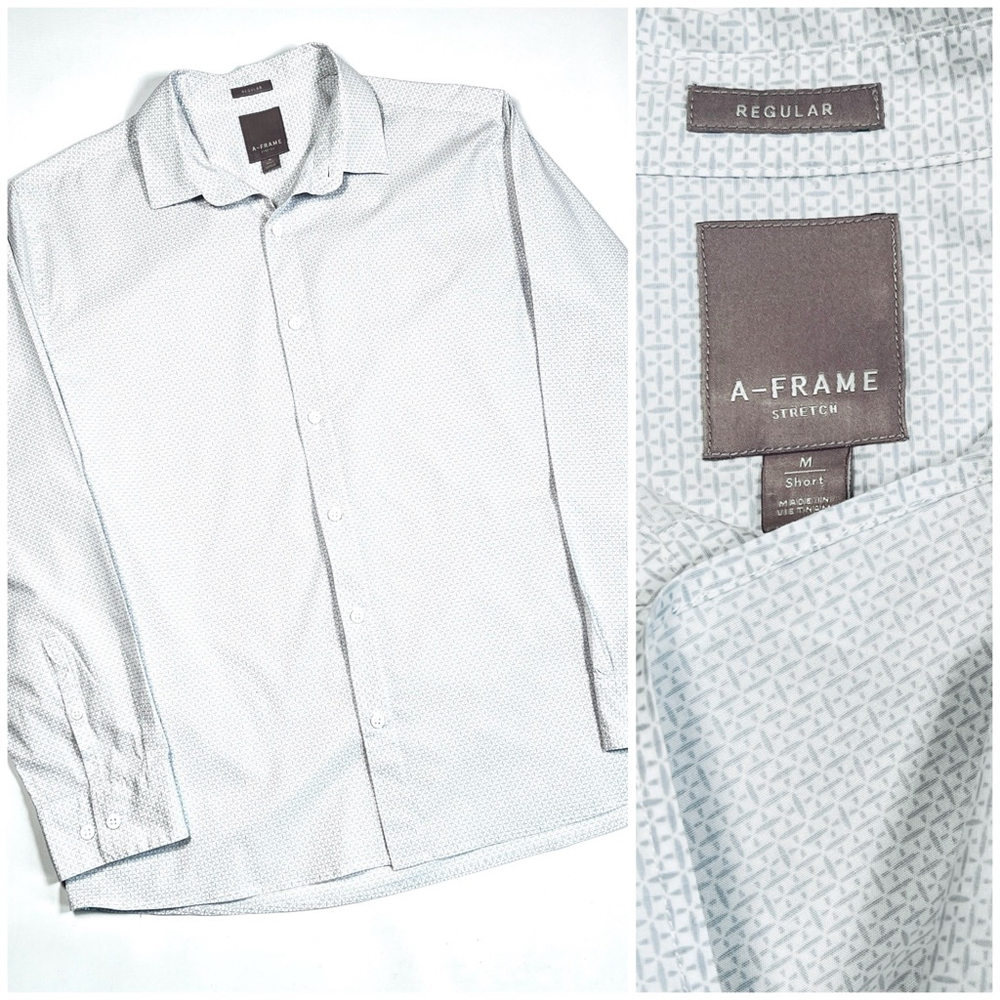 A-Frame Mens Shirt Button Down Shirt Size M Short White Grey-Blue